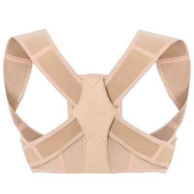 My Stores Back Posture Corrector is a beige brace with adjustable straps, crafted from soft material to support shoulders and upper back, promoting improved spinal alignment and better posture.