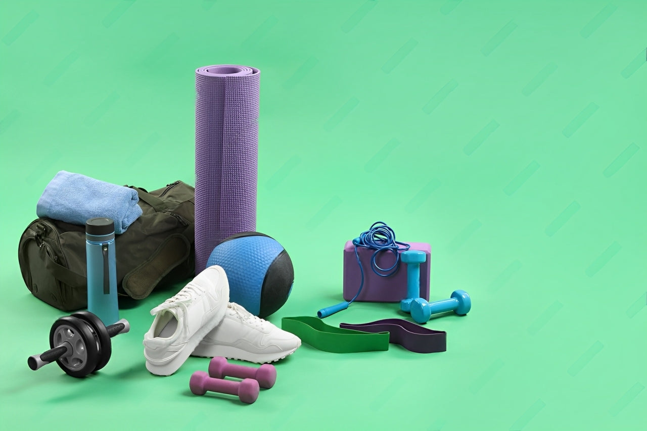 A variety of fitness gear, including a gym bag, towel, water bottle, yoga mat, medicine ball, sneakers, resistance bands, dumbbells, an ab roller, and a jump rope, are arranged on a light green background.